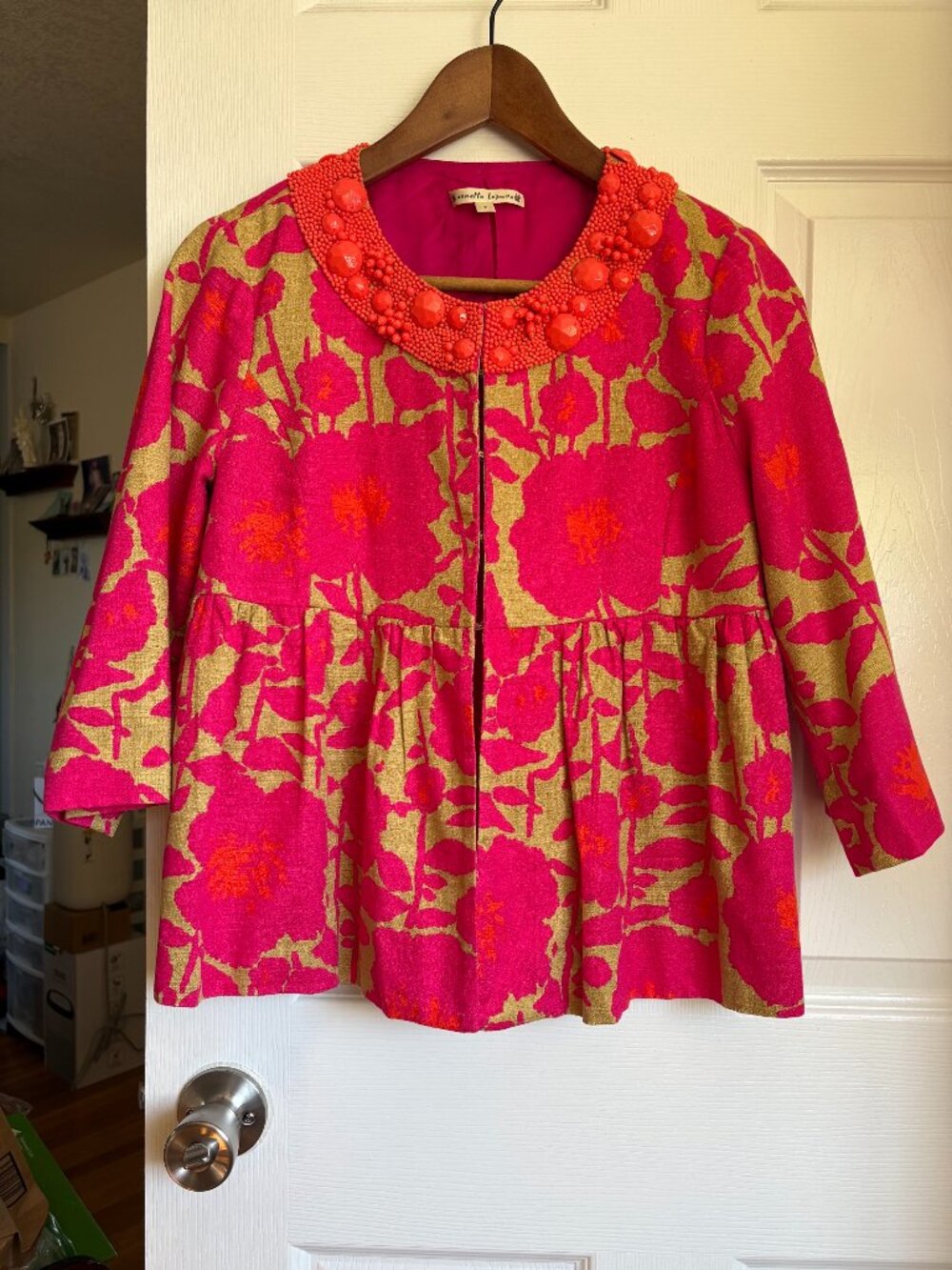 Women Nanette Lepore Pink Floral Peplum Coat